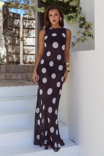 TERA HIGH NECK MAXI DRESS - BLACK/WHITE POLKA