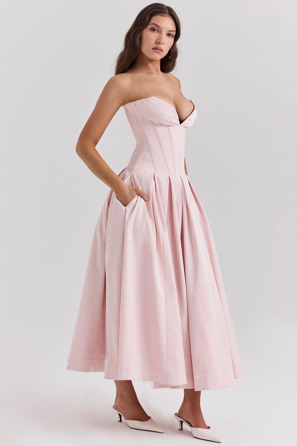 ballerina pink strapless midi dress
