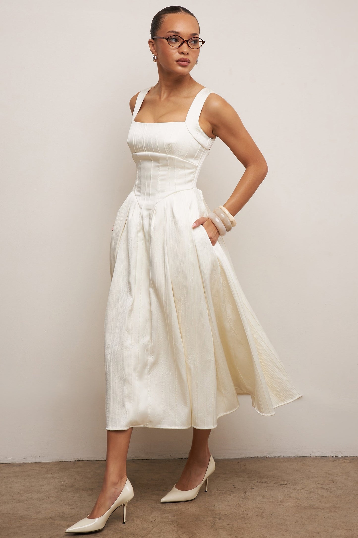 ivory textured satin corset midi dress