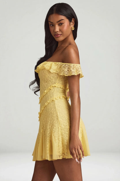 Off-Shoulder Lace A-Line Mini Dress in Pastel Yellow