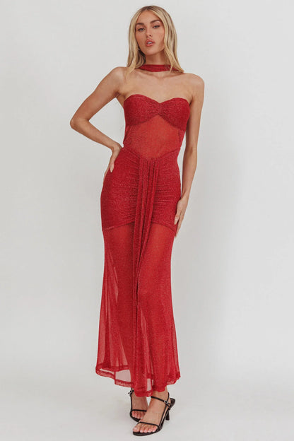Elma Bandeau Sheer Shimmer Maxi Dress Red