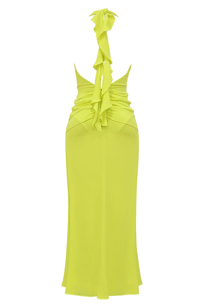 acid lime backless halter maxi dress