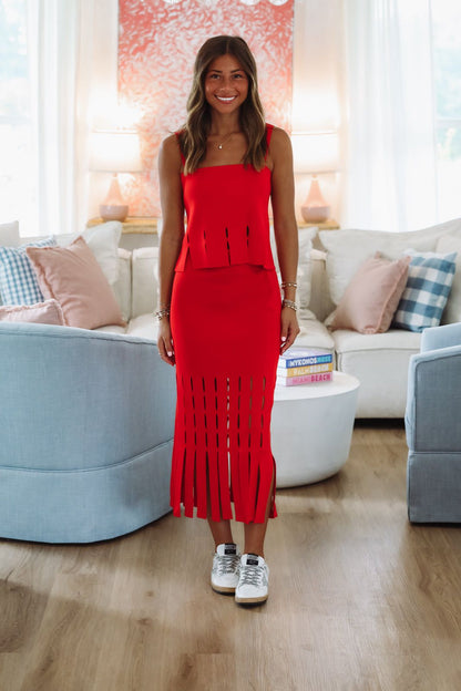 Tangerine Glow Midi Skirt -Red