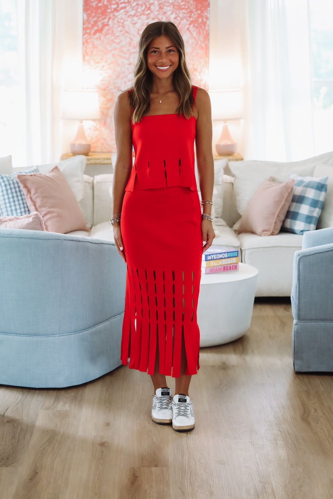 Tangerine Glow Midi Skirt -Red