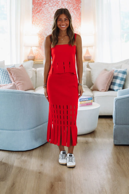 Tangerine Glow Midi Skirt -Red