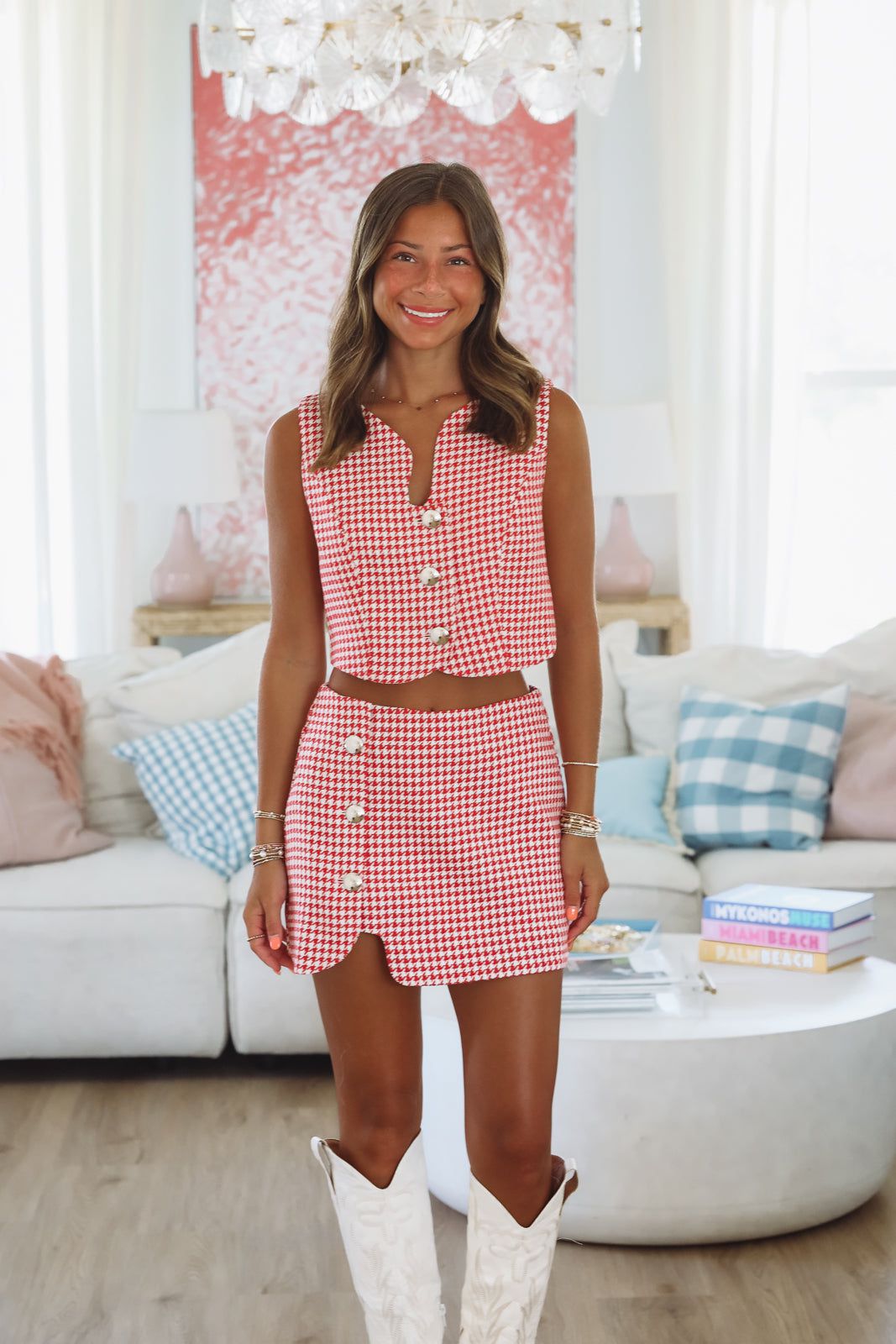 Houndstooth Way Mini Skort - Red and White