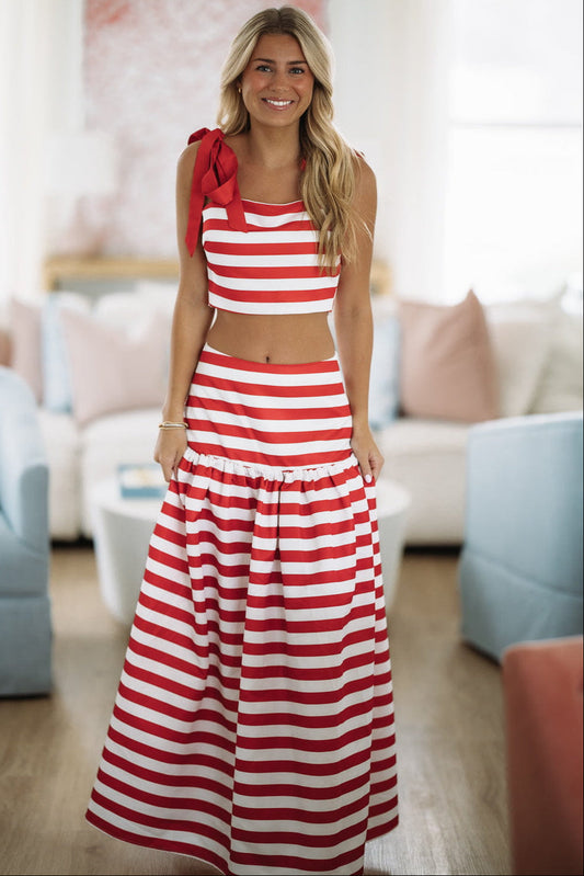 2 Steps Ahead Crop Top and Maxi Skirt Set - Red and White