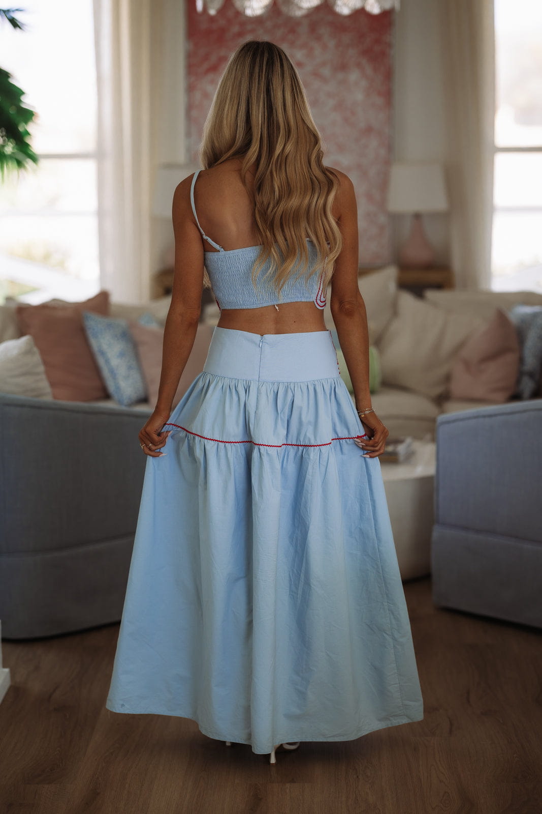 Marina Muse Crop Top and Maxi Skirt Set - Light Blue and Red
