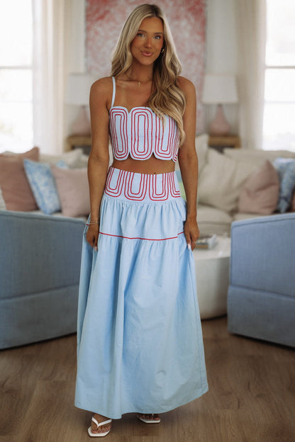 Marina Muse Crop Top and Maxi Skirt Set - Light Blue and Red