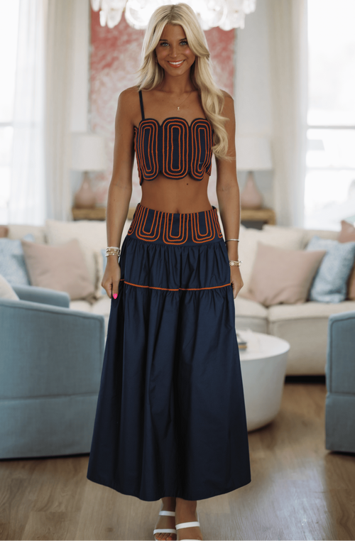 Marina Muse Crop Top and Maxi Skirt Set - Navy and Orange
