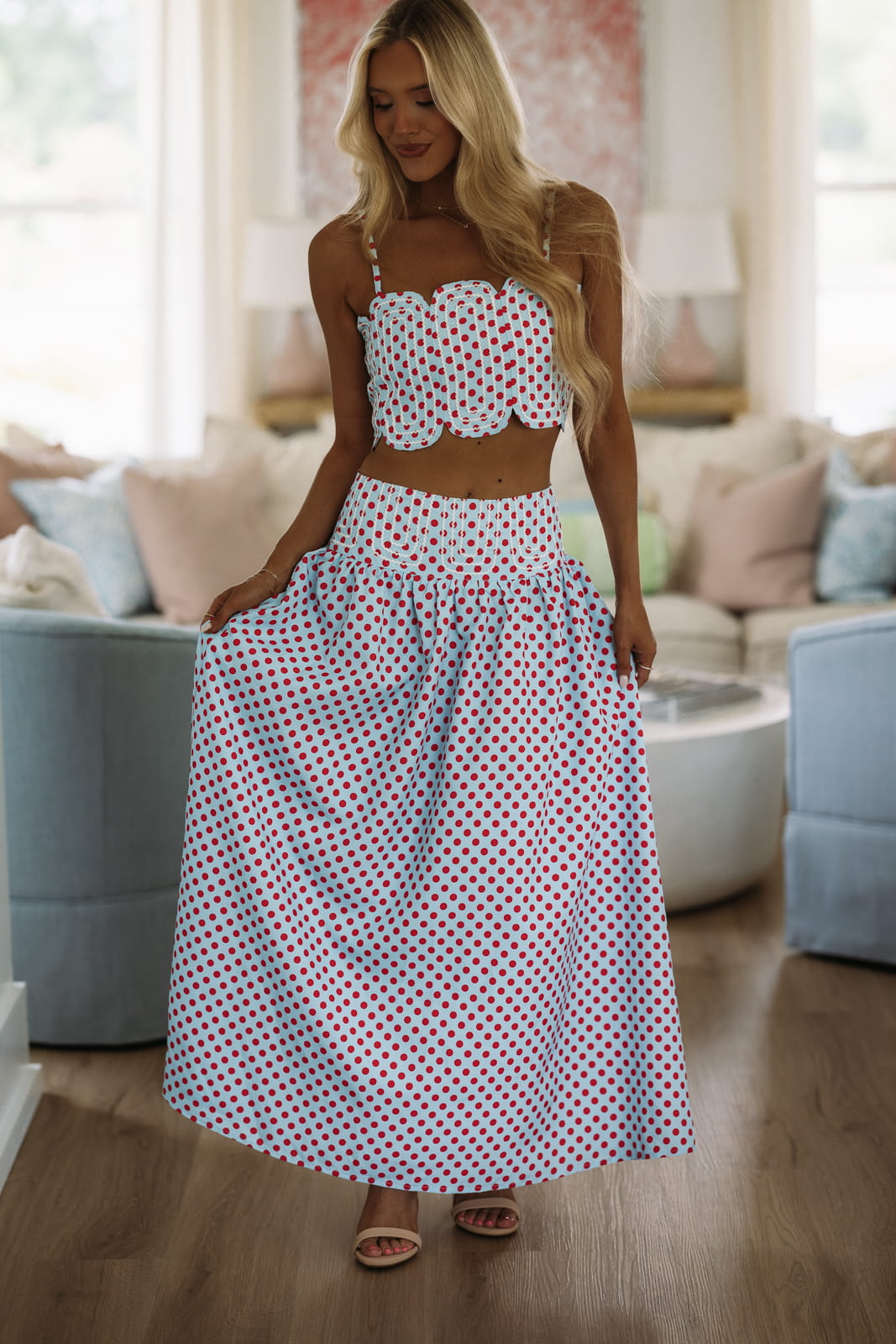 Marina Muse Dots Crop Top and Maxi Skirt Set - Blue and Red
