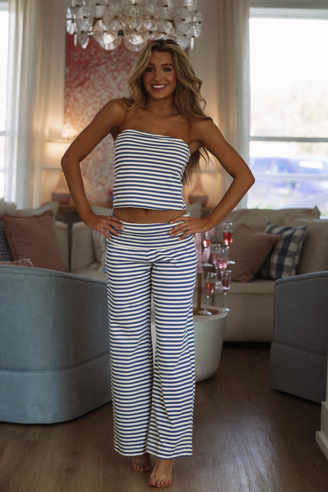 Candy Stripes Fold Over Sweatpants - Blue and Ivory