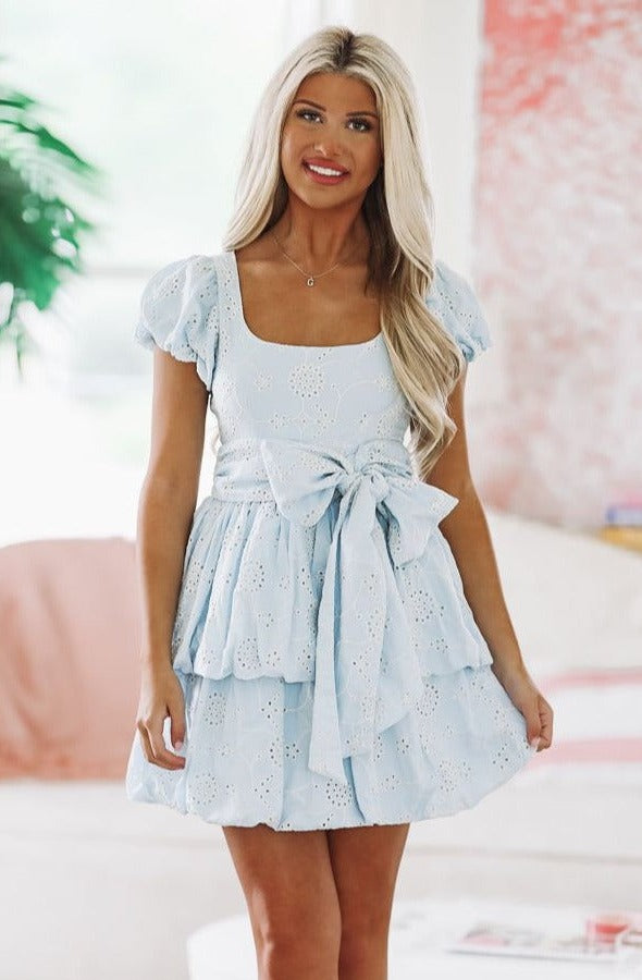 Eyelet In the Garden Mini Dress - Light Blue