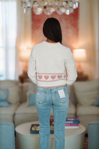 Heart to Heart Cropped Cardigan - White and Pink