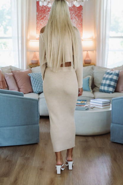 Still Waiting Knit Crop Top and Midi Skirt Set - Light Taupe
