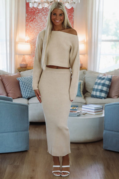 Still Waiting Knit Crop Top and Midi Skirt Set - Light Taupe