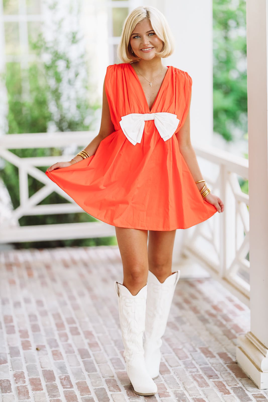 The Bow Poplin Mini Romper Dress - Orange and White
