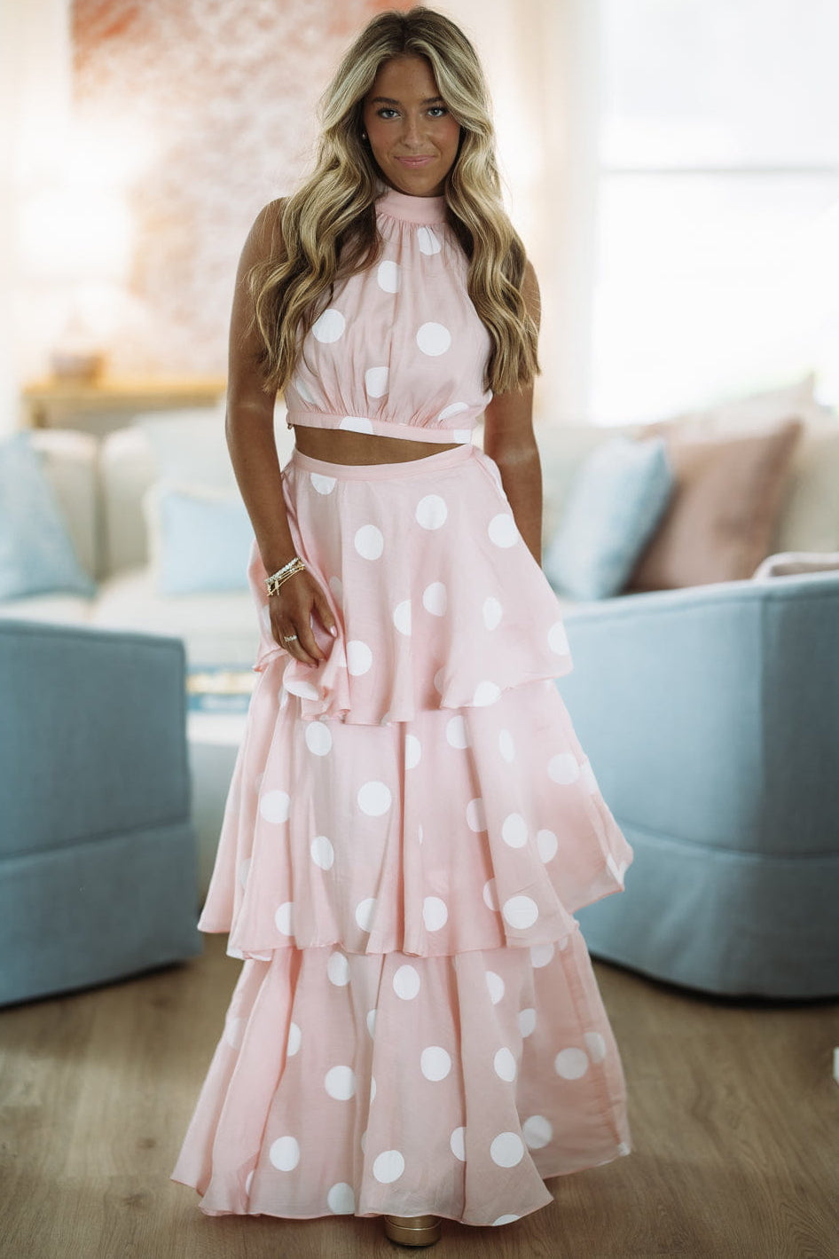 Dots For Days Top and Maxi Skirt Set - Baby Pink
