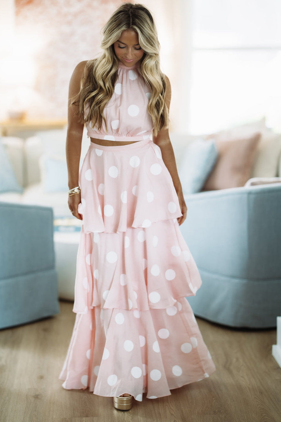Dots For Days Top and Maxi Skirt Set - Baby Pink