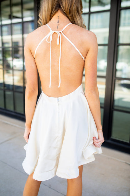 Satin Fit and Flare Backless Dress - Cream