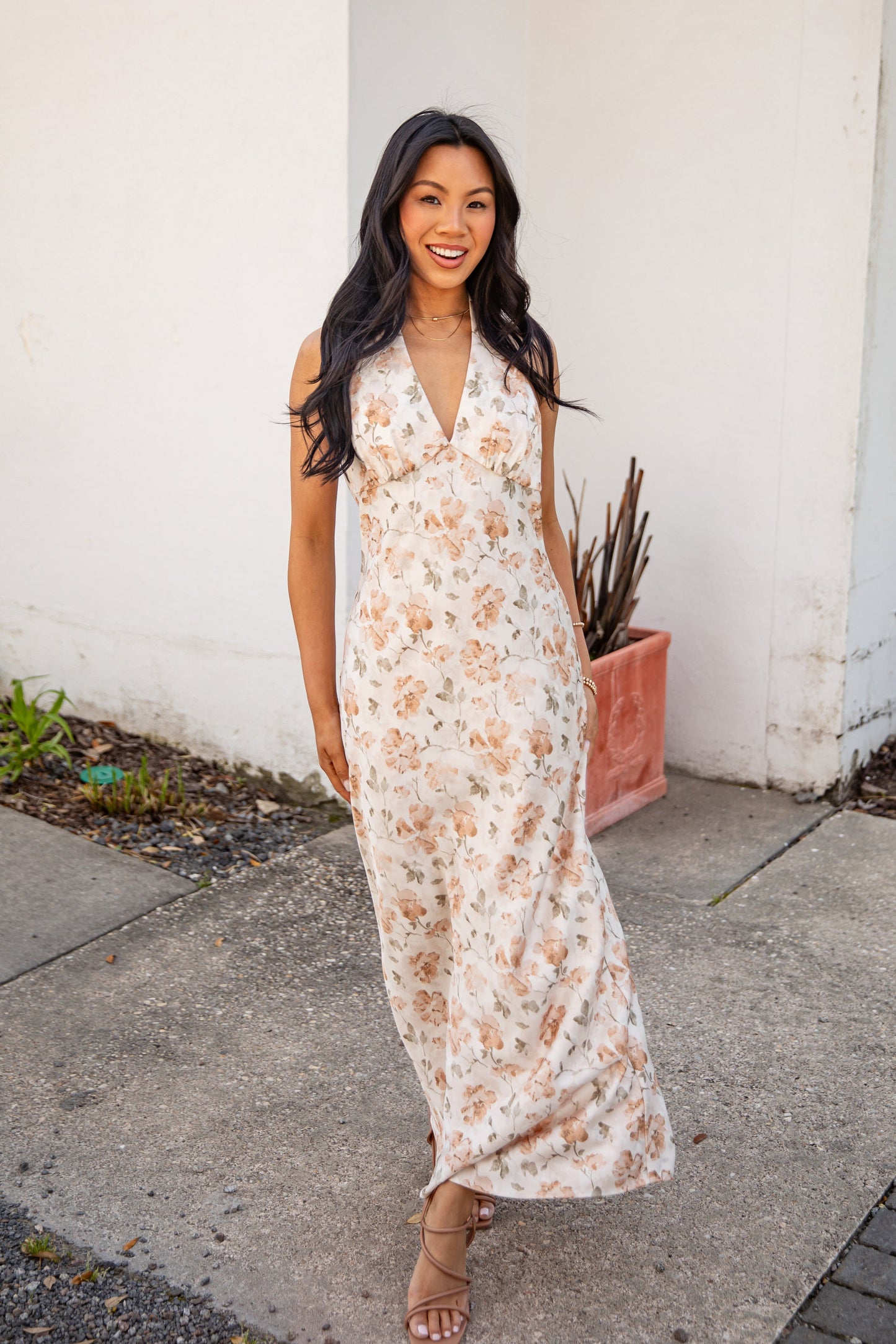 Blush Petals Cream Floral Halter Maxi Dress