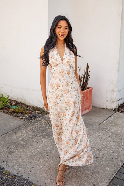 Blush Petals Cream Floral Halter Maxi Dress