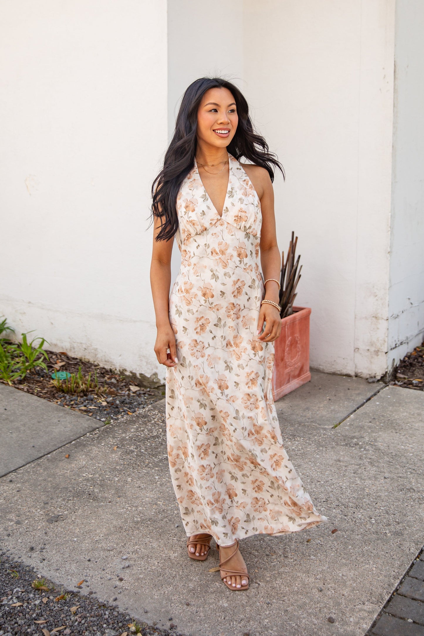 Blush Petals Cream Floral Halter Maxi Dress