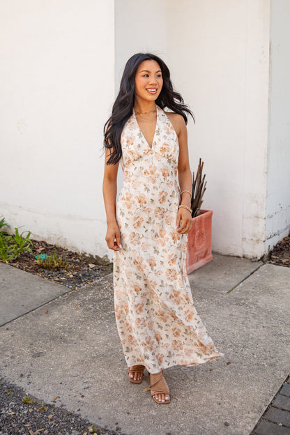 Blush Petals Cream Floral Halter Maxi Dress