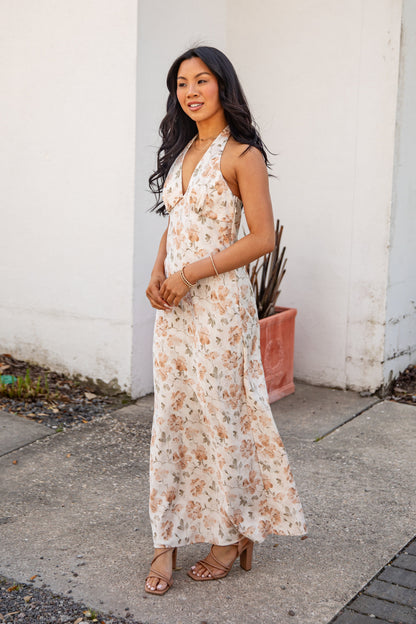 Blush Petals Cream Floral Halter Maxi Dress