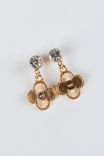 Aubree Gold Rhinestone Quatrefoil Drop Earrings