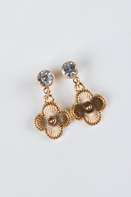 Aubree Gold Rhinestone Quatrefoil Drop Earrings