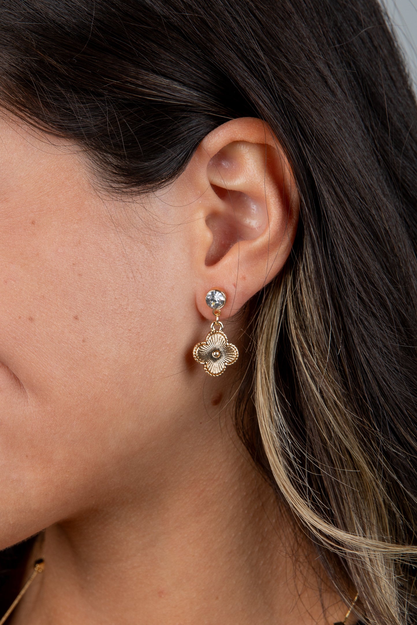 Aubree Gold Rhinestone Quatrefoil Drop Earrings