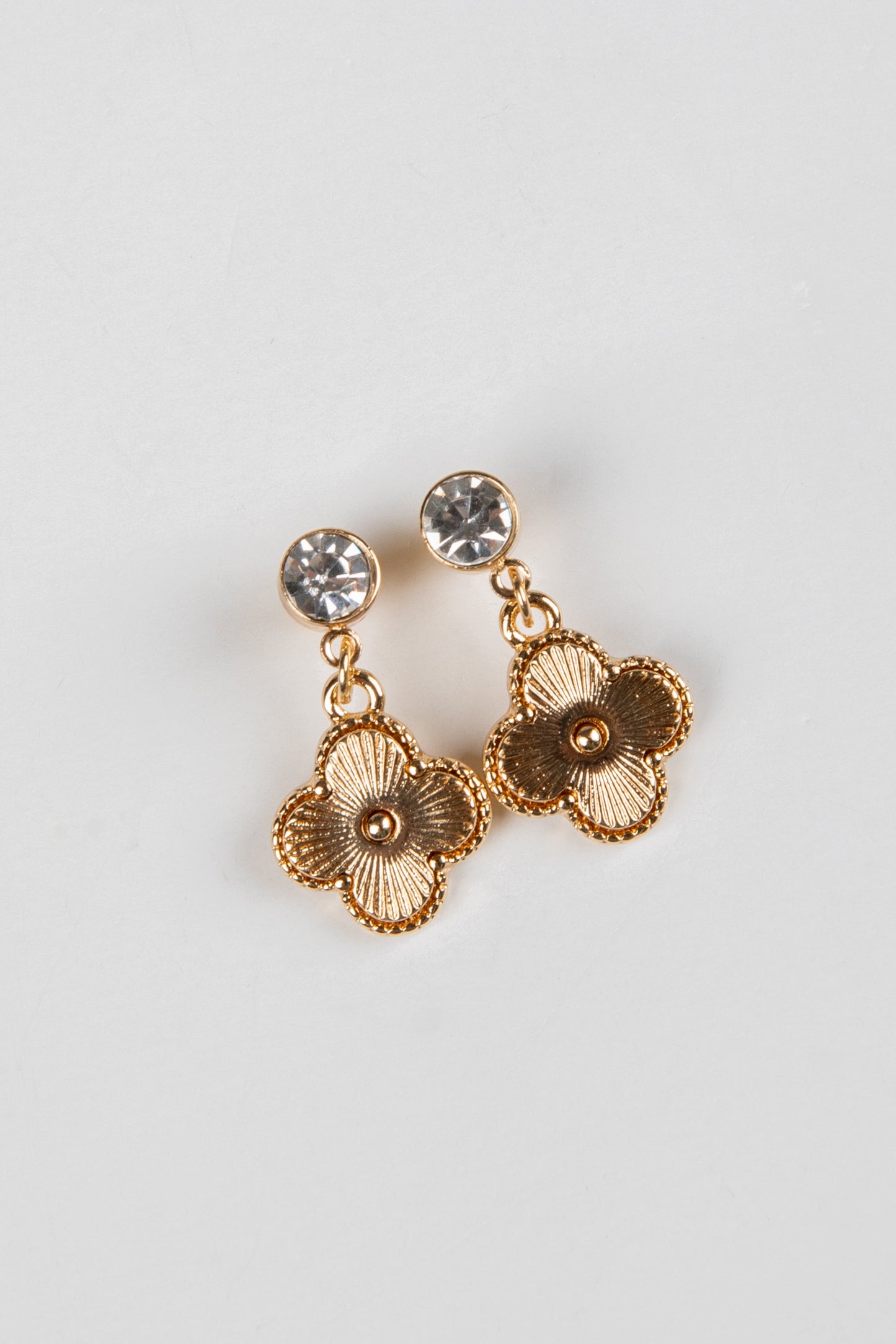 Aubree Gold Rhinestone Quatrefoil Drop Earrings
