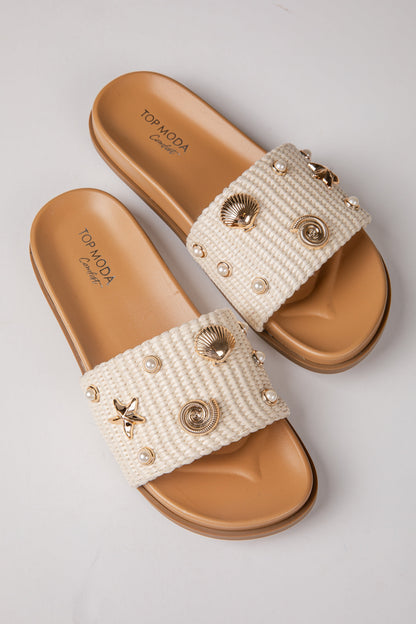 By The Shore Embellished Ivory Slide Sandals