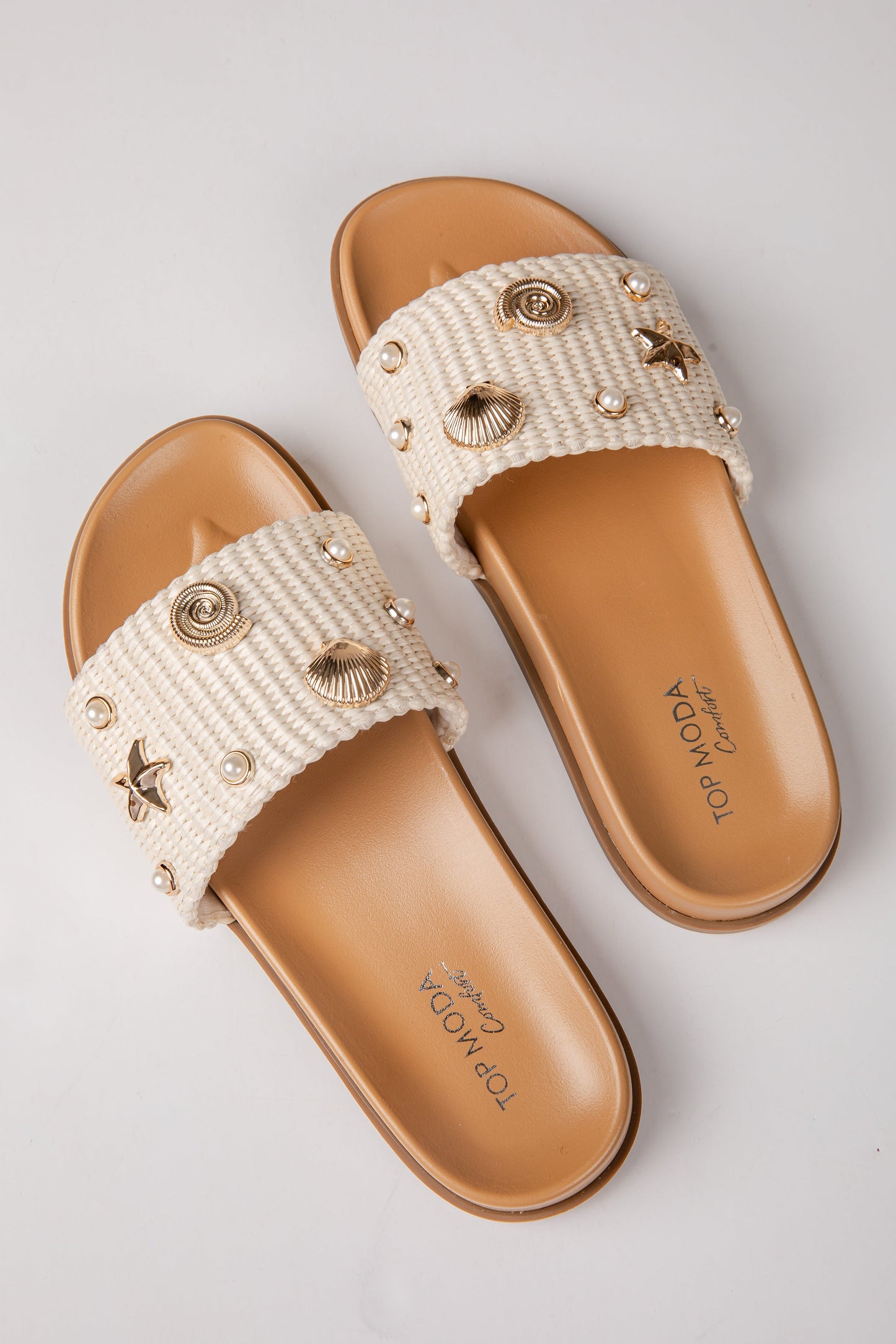 By The Shore Embellished Ivory Slide Sandals