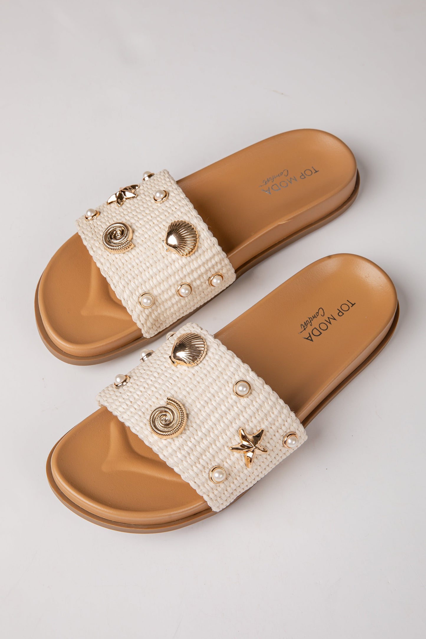By The Shore Embellished Ivory Slide Sandals