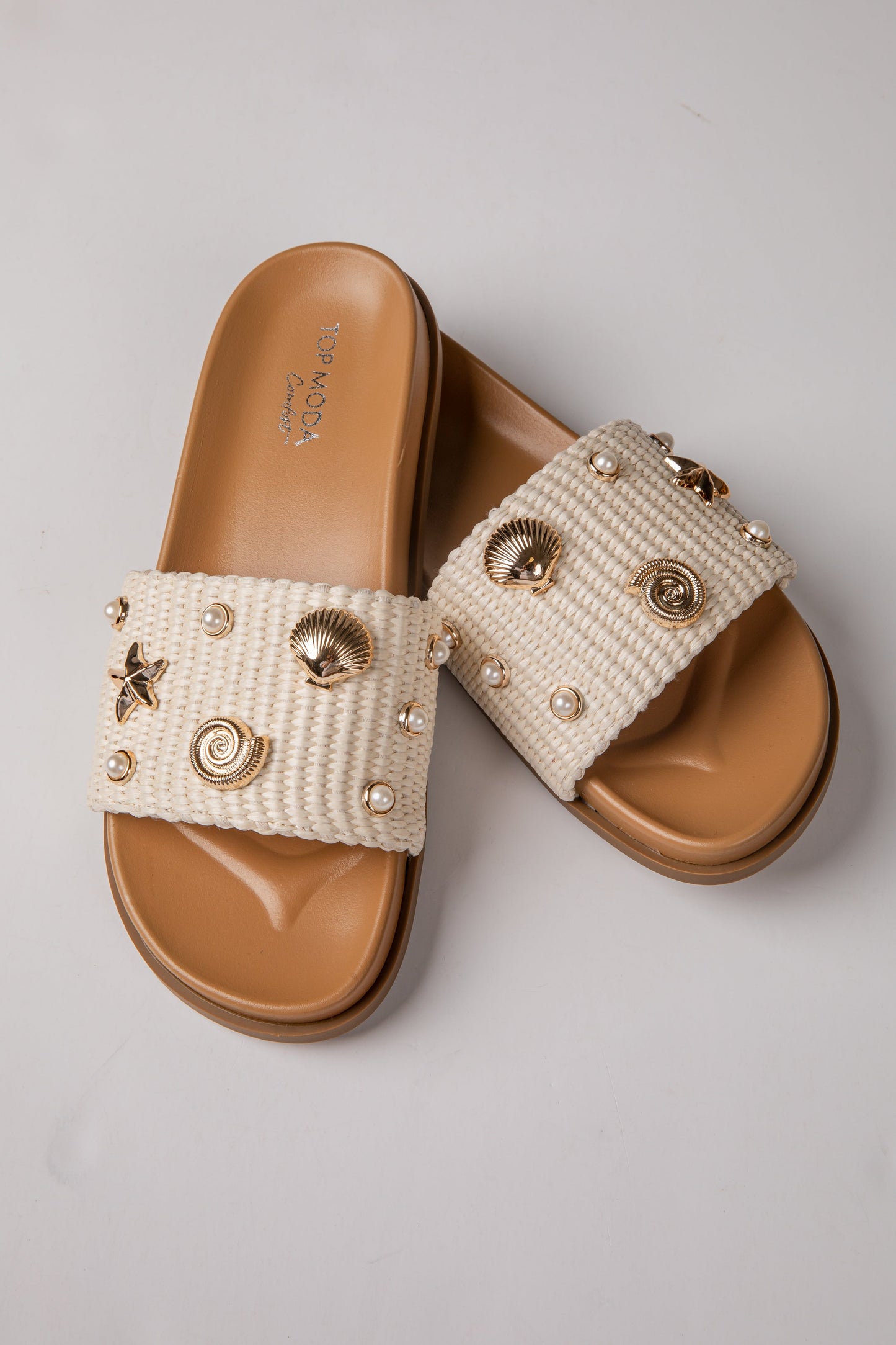 By The Shore Embellished Ivory Slide Sandals