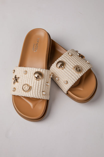 By The Shore Embellished Ivory Slide Sandals