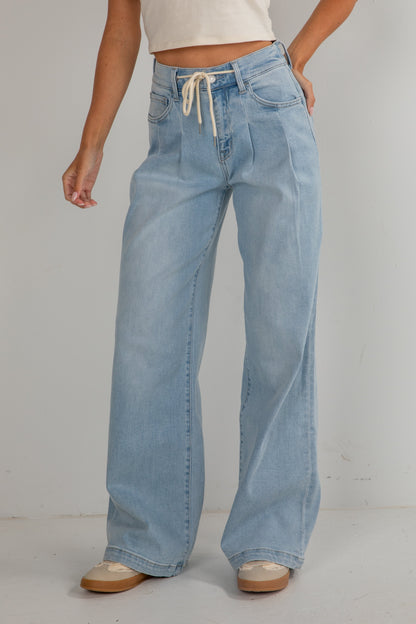 Cara Light Wash High-Rise Drawstring Wide Leg Jeans