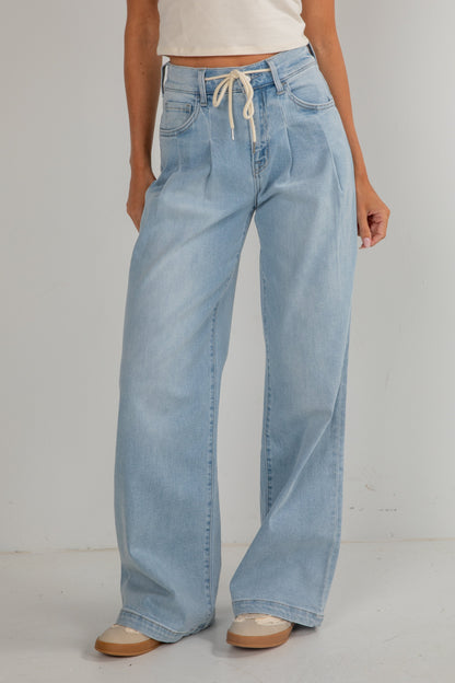 Cara Light Wash High-Rise Drawstring Wide Leg Jeans