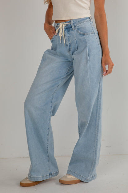 Cara Light Wash High-Rise Drawstring Wide Leg Jeans