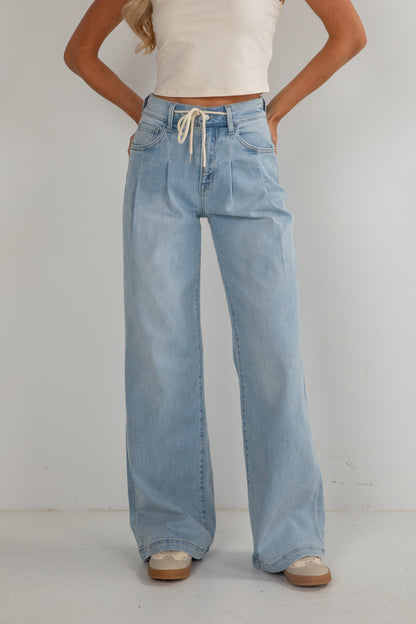 Cara Light Wash High-Rise Drawstring Wide Leg Jeans