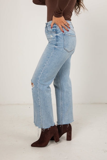 Elise Light Wash High-Rise Distressed Slim Wide Leg Jeans