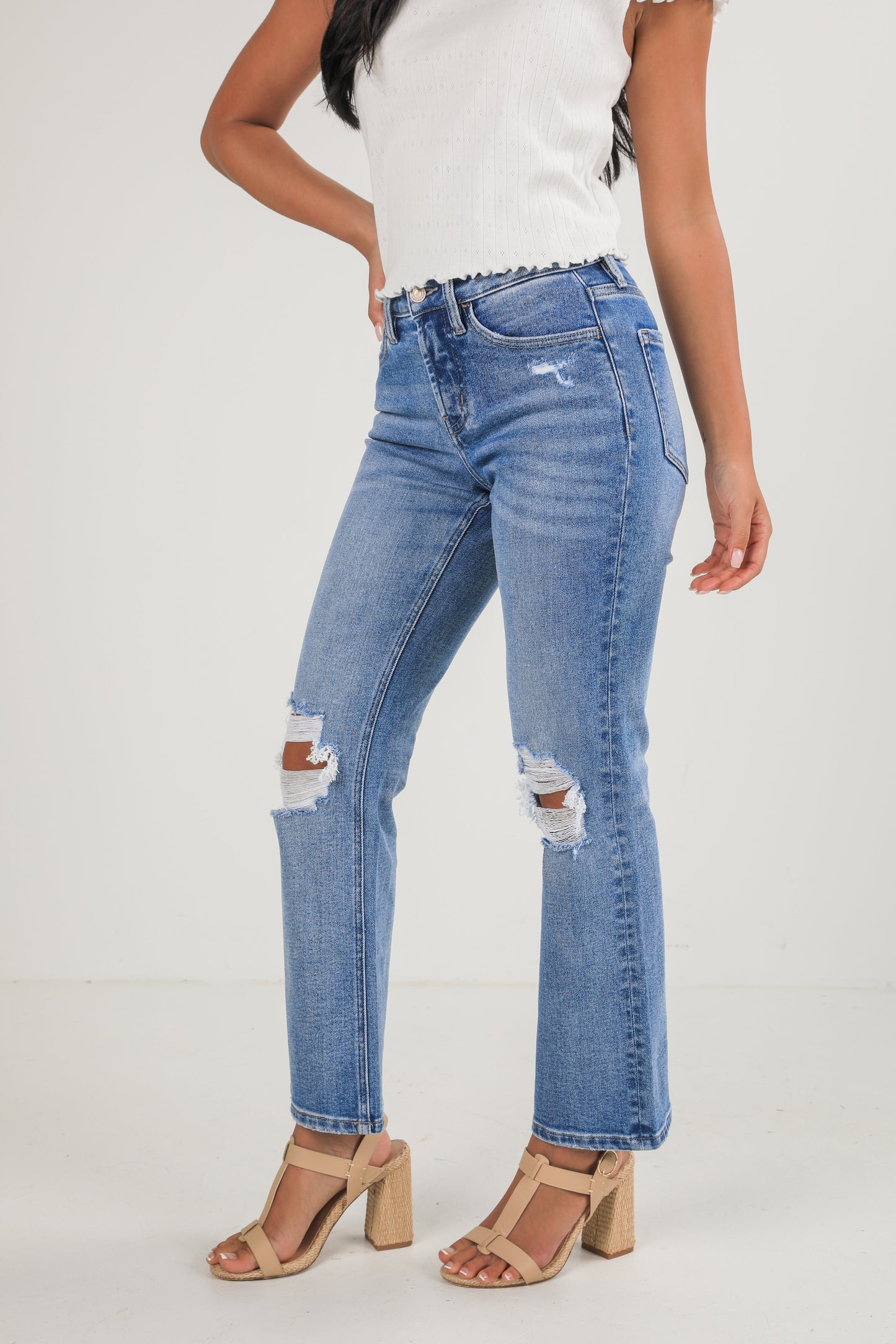 Ella Medium Wash High-Rise Distressed Straight Leg Jeans
