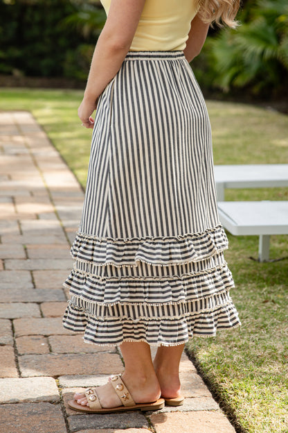 Coastal Lines Navy Striped Ruffle Maxi Skirt