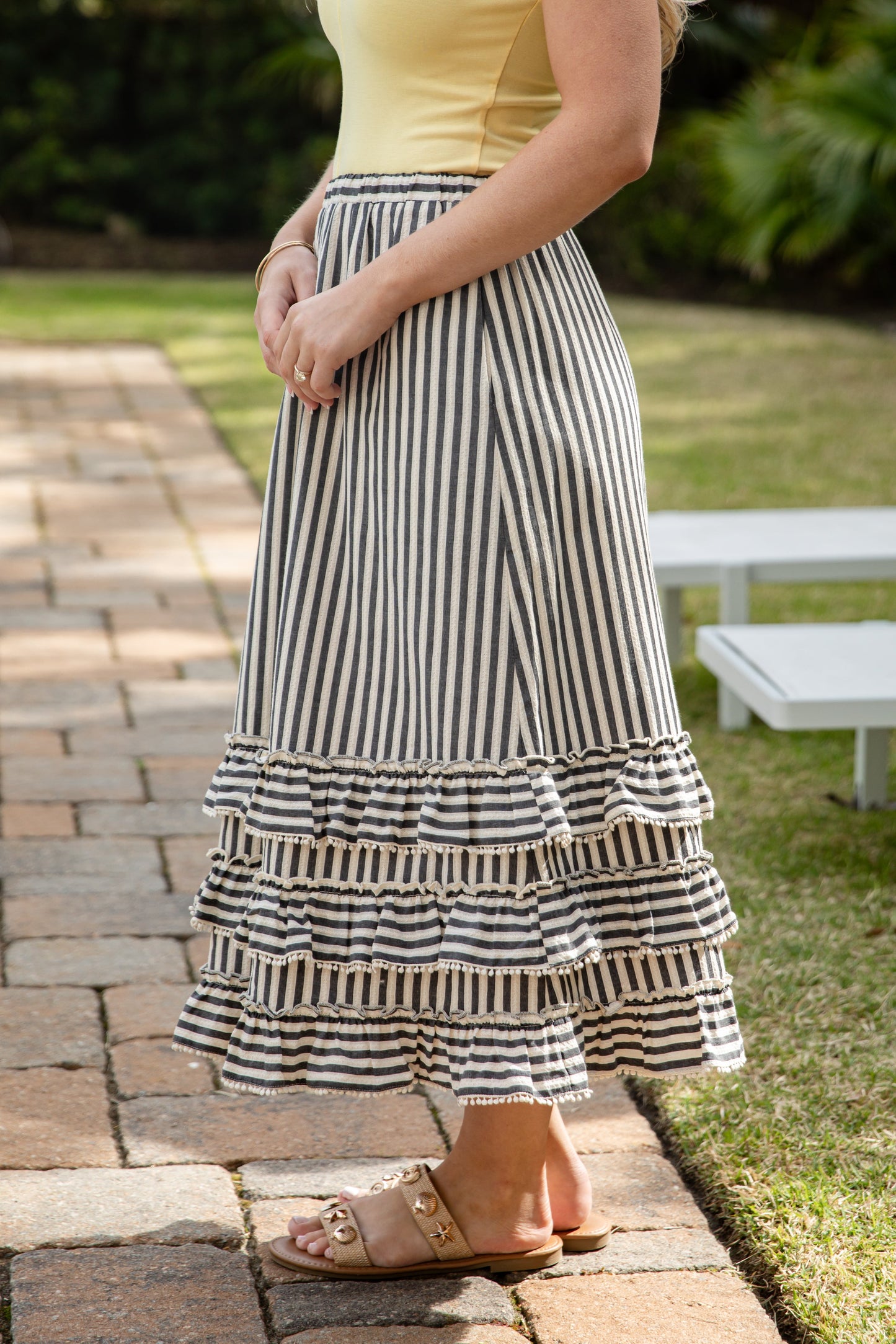 Coastal Lines Navy Striped Ruffle Maxi Skirt