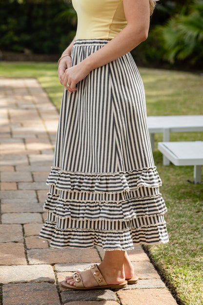 Coastal Lines Navy Striped Ruffle Maxi Skirt