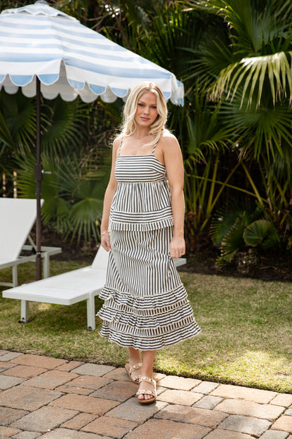 Coastal Lines Navy Striped Ruffle Maxi Skirt