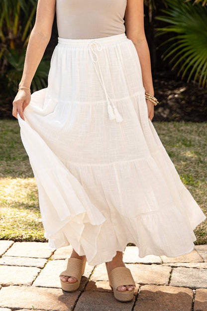 Breezy Beloved Off White Tiered Maxi Skirt