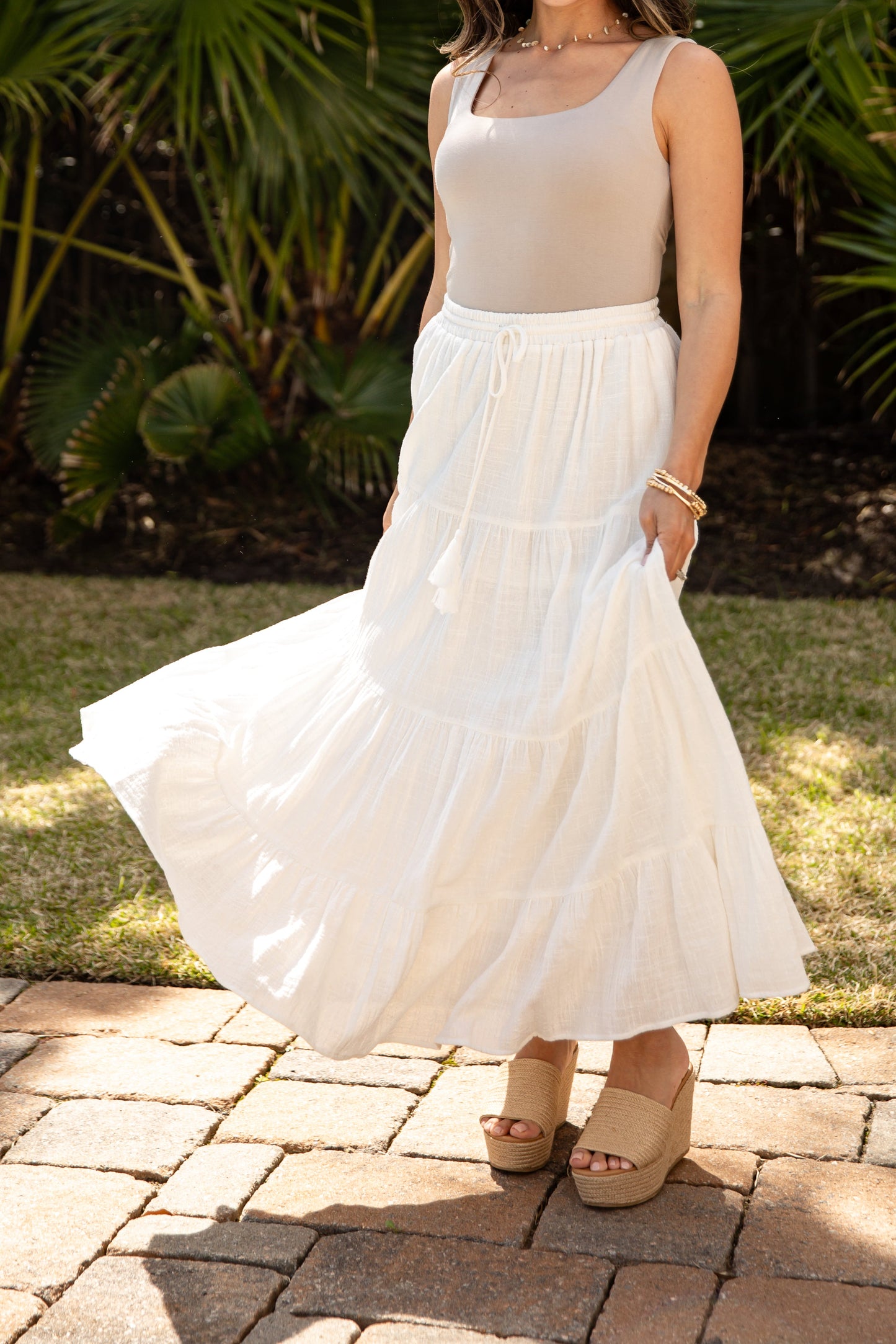 Breezy Beloved Off White Tiered Maxi Skirt